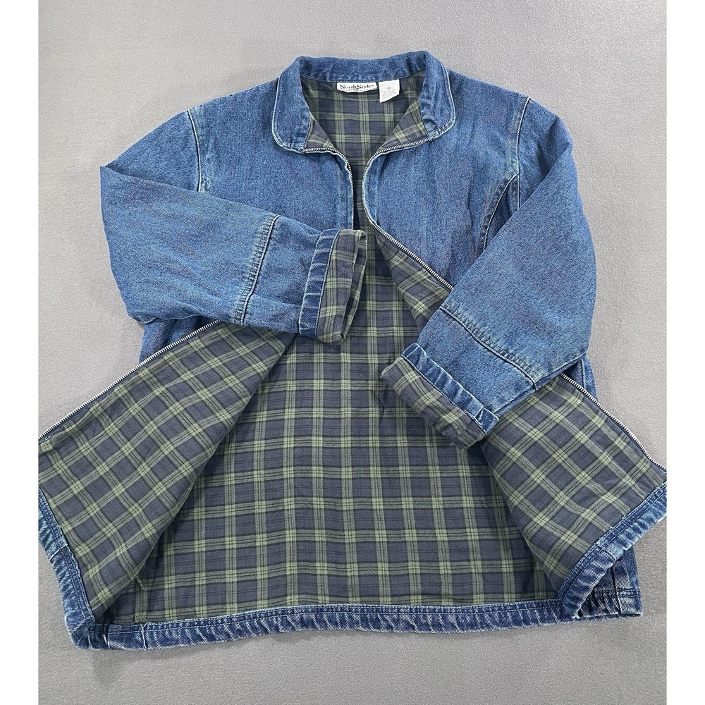 VTG North Style Denim Flannel Lined Chore Coat Women's M 90's Jean Jacket Plaid - Picture 6 of 11